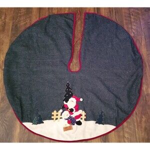 Santa Snowman Christmas Tree Skirt Green Sparkly 43" Primitive Vtg Y2K Applique
